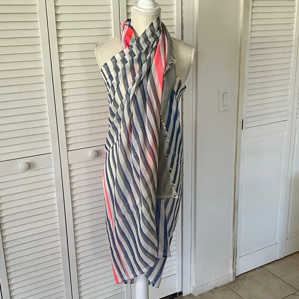 Lightweight Striped Cotton-Blend Scarf in Blue &‎ White with Pink & Red Accents